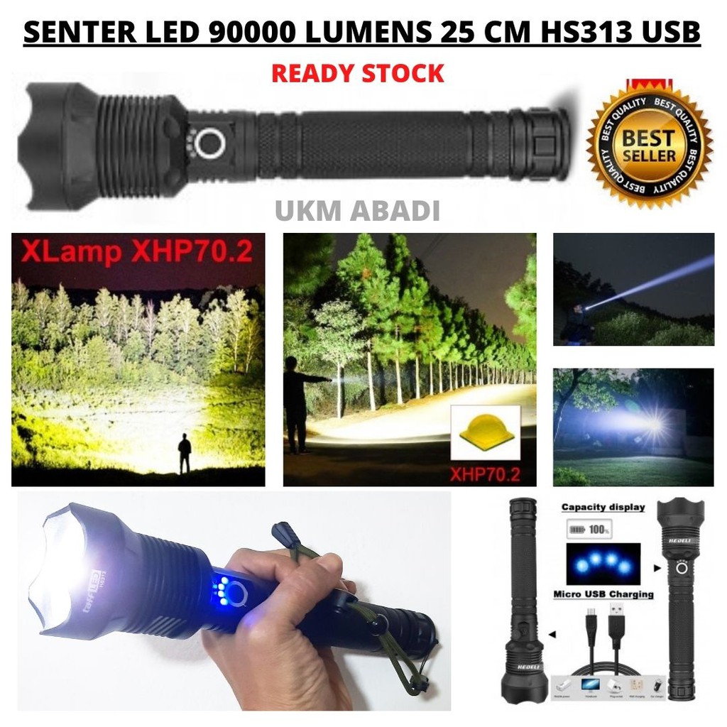 Lampu Senter LED USB Long Range XHP702 Zoom 90000 Lumens HS313 111107