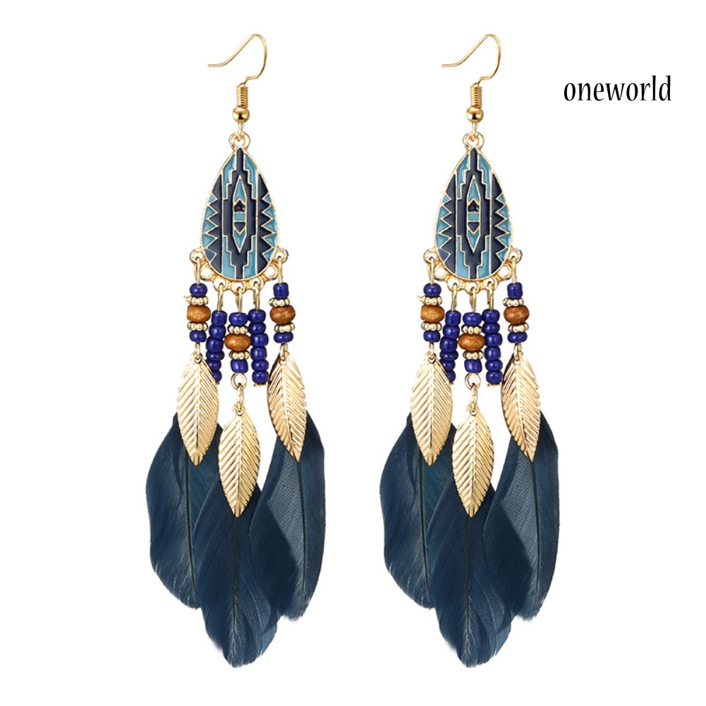 OW@ Ethnic Style Hook Women Earrings Long Feather Charm Jewelry Ornament Gift