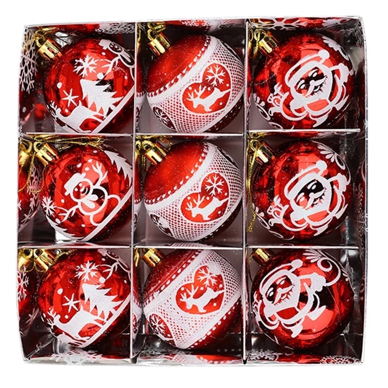 9 Pcs Set 6cm Round Hand Painted Christmas Ball Set For Christmas Tree / Christmas Tree Decoration Hanging Ball Ornaments Accessories / Traditional Gift Box Red and White Christmas Tree Ornaments