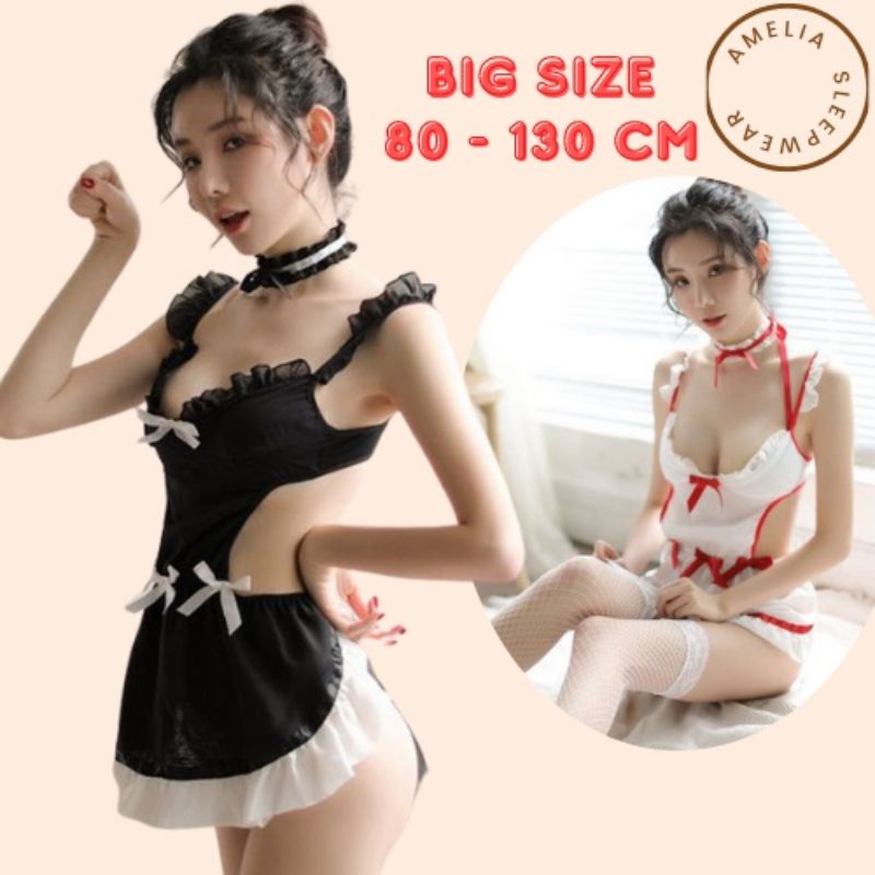M L XL XXL XXXL Lingerie Cosplay Maid Sexy Big Size Hitam Kostum French Maid