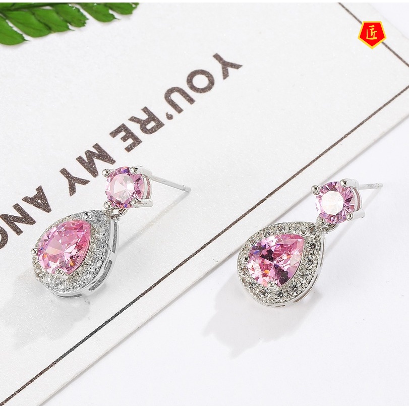 [Ready Stock]Fashion Diamond-Encrusted Twin Pink Gemstone Earrings