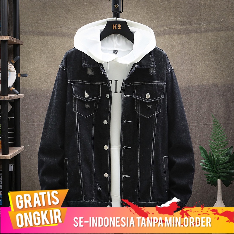 Outerwear Pria 2022    Pria Simplicity Classic Jaket Denim Rumbai Fashion  Fashion Mantel Hitam Hits