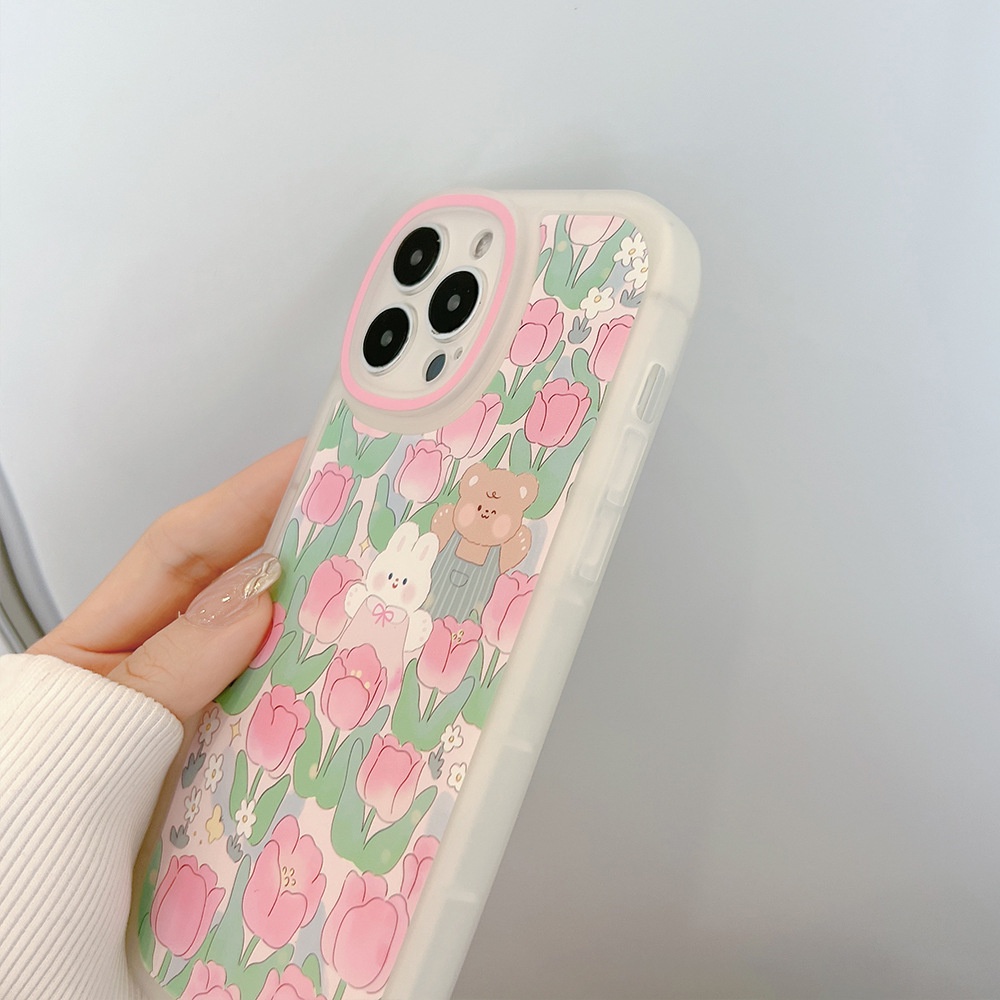 IPHONE Kartun Kelinci Dan Beruang Dengan Tulip Transparan Putih Casing Ponsel Cover Untuk Iphone7 8 PLUS X XR XS 11 12 13 14 MINI PRO MAX SE 2020