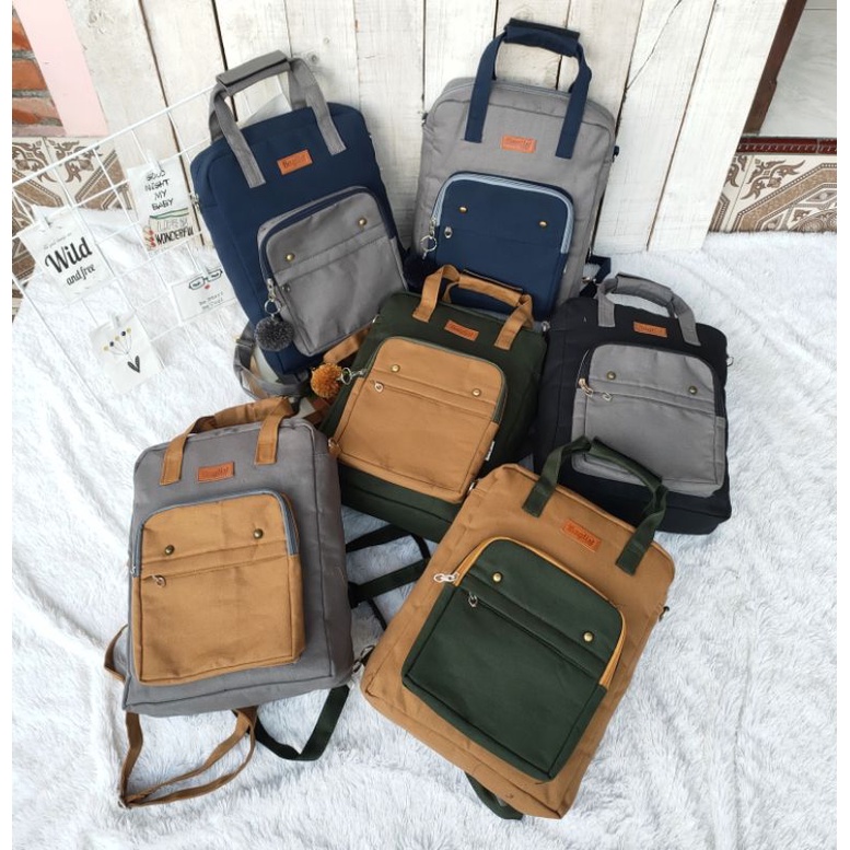 Omi 2in1 Bag Aesthetic 2 fungsi muat laptop 14inch Two Tone tas ransel backpack punggung selempang Canvas Kanvas