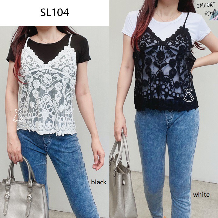 SL104 - ATASAN KAOS STRETCH ADEM DAN TANKTOP LACE LUCU MONOCHROME