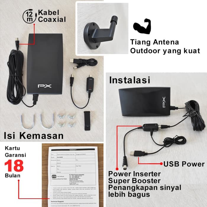 PX DA 5400B Antena TV Digital Analog Indoor-Out Included Kabel 12 Mtr