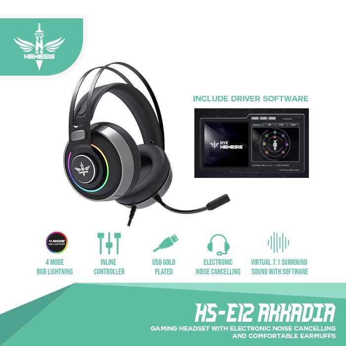 NYK AKKADIA HS E12 / HSE12 Headset Gaming 7.1 Surround With RGB