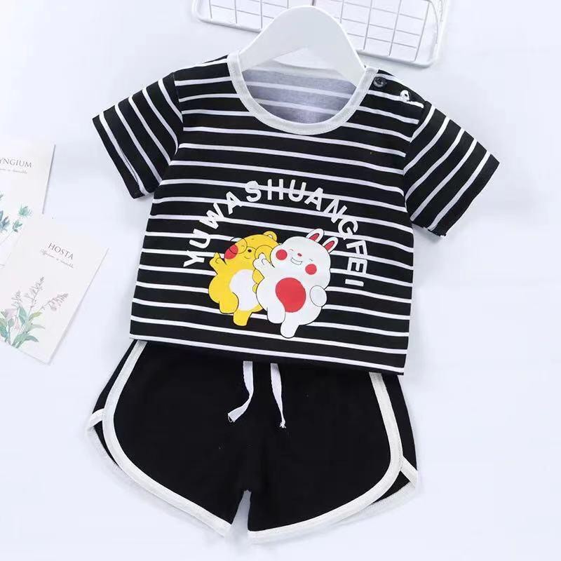 Goblin♛ PB047 COD Baju Jumper Anak bayi Romper Tidur Setelan Celana Pendek Piyama Santai Fashion Korea Import-GARIS HITAM