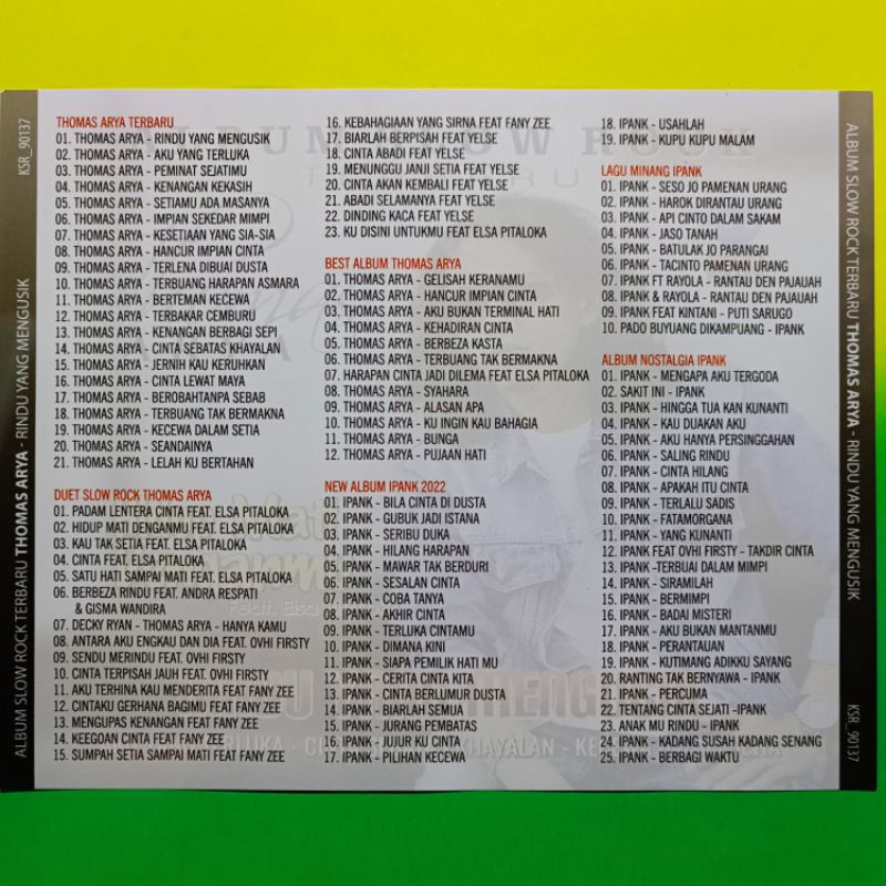 KASET AUDIO MUSIK MP3 110 LAGU POP MALAYSIA THOMAS ARYA ALBUM SLOW ROCK TERBARU.