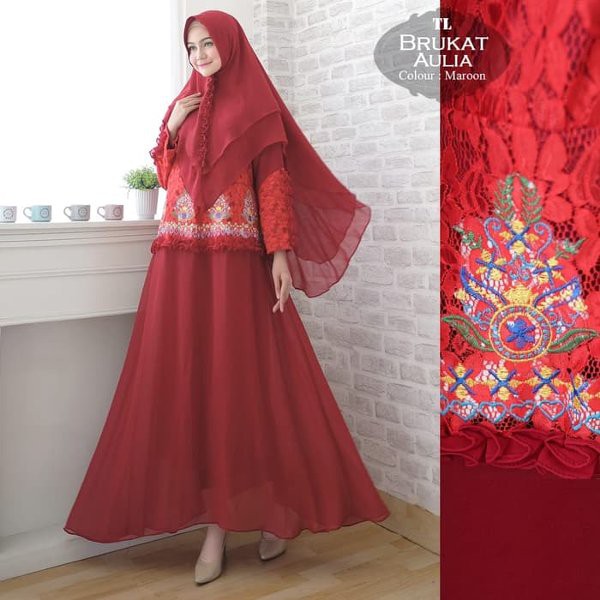 Baju Muslim Wanita Syari Ceruty Aulia Maroon TL - Gamis Wanita Ceruty Merah