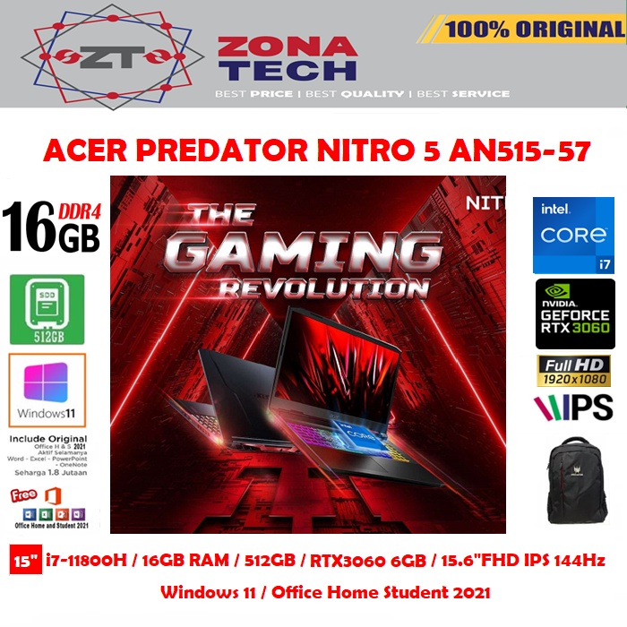 ACER NITRO 5 AN515-57 - i9-11900H - 16GB - 512GB SSD - NVIDIA RTX3060 6GB - 15.6&quot;QHD IPS 165Hz - WIN11 - OHS