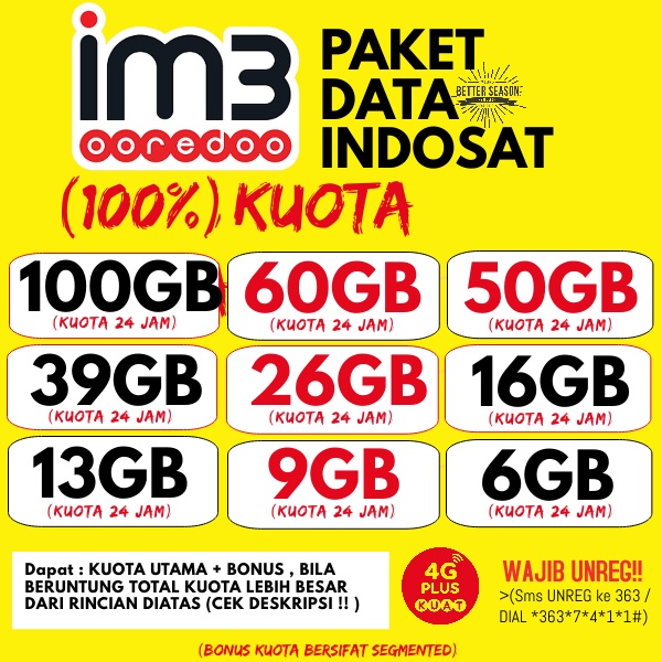 Freedom internet 50Gb 25Gb 18Gb 10Gb 4Gb 100% Kuota Utama 24 jam paket data indosat 30 Hari