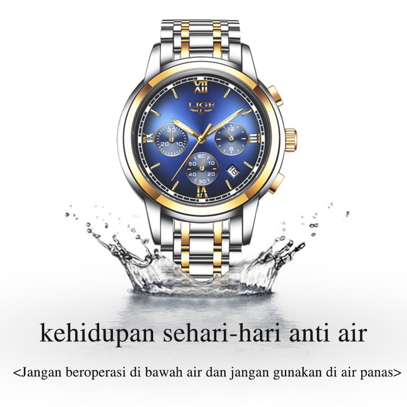 LIGE Original Jam Tangan Pria Semua Aktif Besi tahan karat Anti Air Kalender Sports Jam Tangan