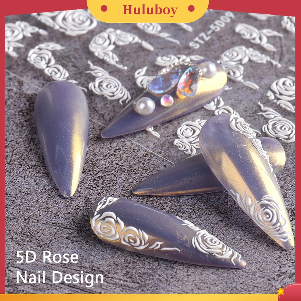Huluboy Huluboy♡ Stiker Kuku Desain Bunga Timbul 5D Warna Putih Untuk Manicure