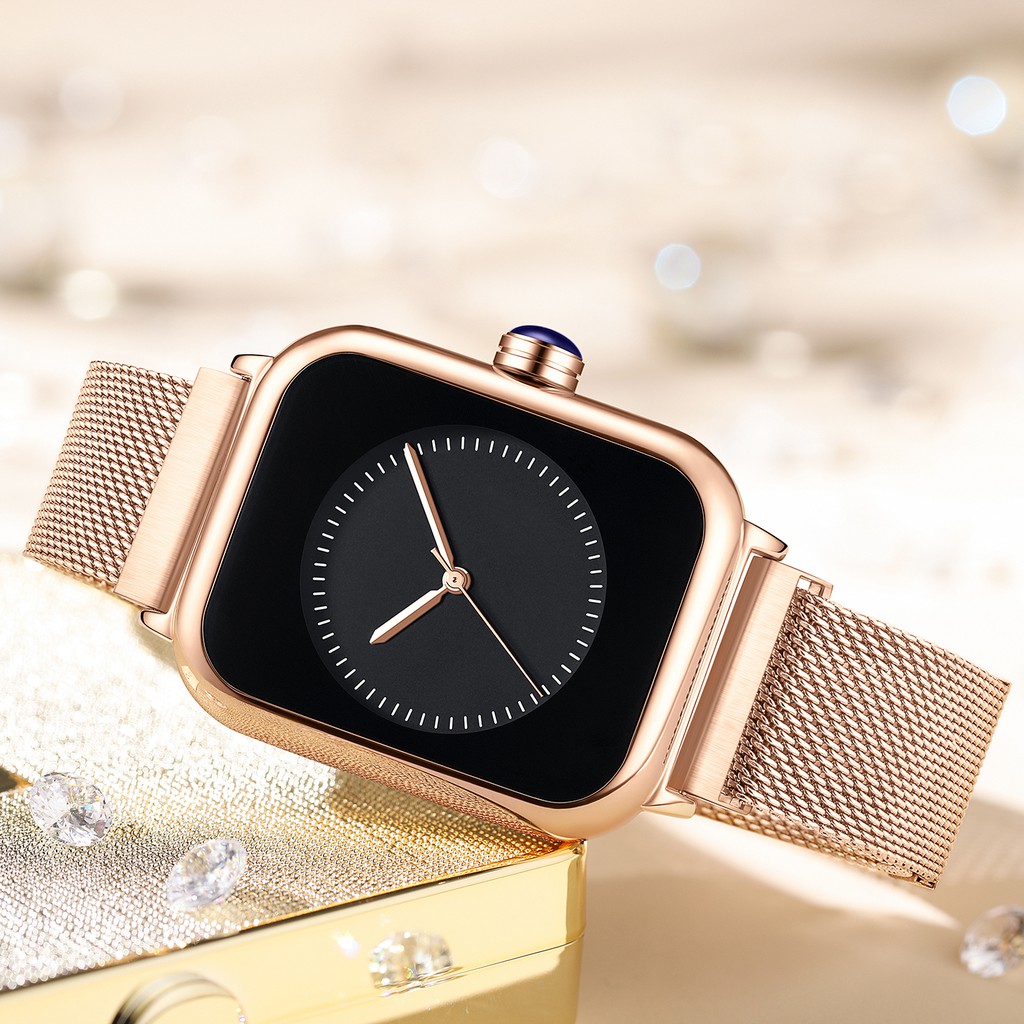 REBIRTH Jam Tangan Wanita Mode Square Dial Santai Display Kuarsa Tali Jala Tahan Air Jam Tangan Cewek-2