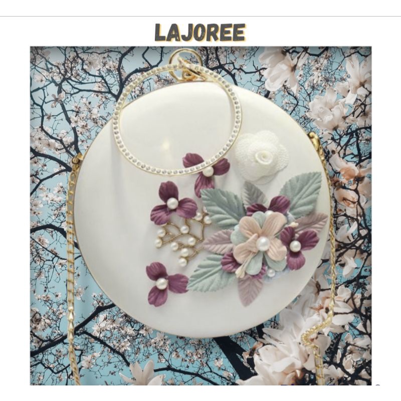 LAJOREE Flower Circle Clutch Tas Pesta Mewah Bundar Motif Bunga Elegan SlingBag Wanita Import Ibu Ibu Kondangan Clutchbag Bundar Mutiara