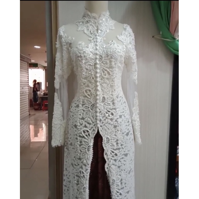 Kebaya Akad Putih Premium Set (Bustier, Manset, Kain) - Brokat Perancis, Full Payet, Payet Jepang, S