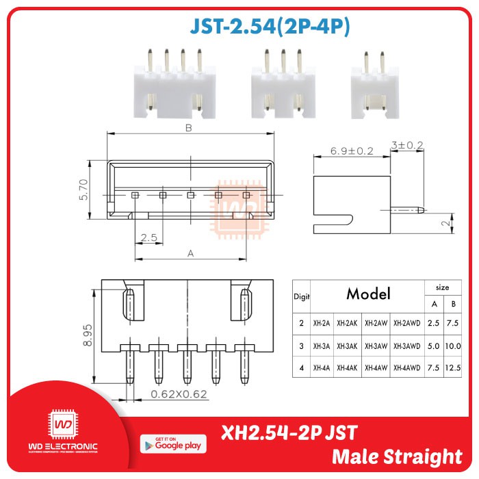 Connector JST XH2.54-2P Male Straight Header 2.54mm CI22 2 pin Female