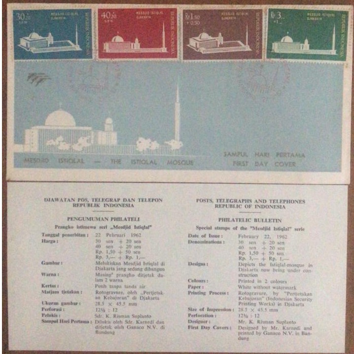 

Sampul Hari Pertama (SHP / FDC) Prangko MASJID ISTIQLAL th 1962