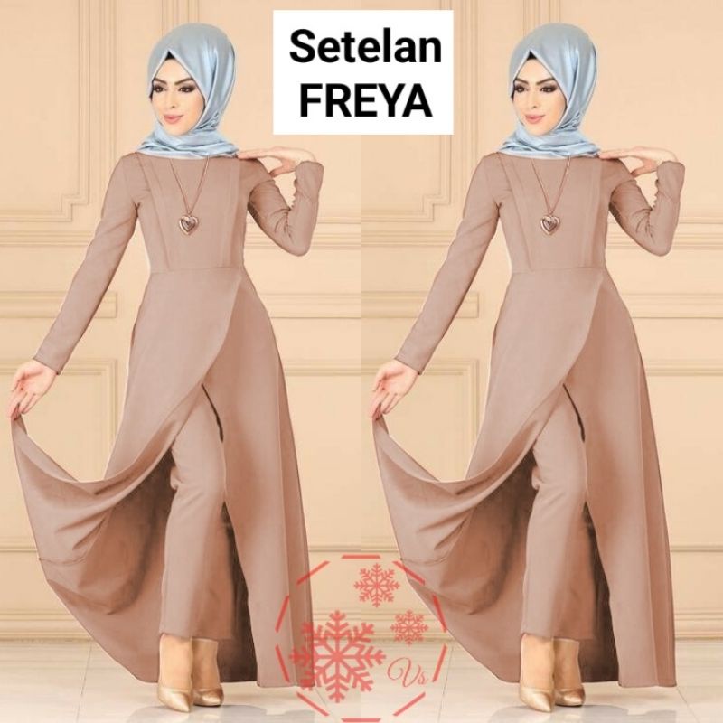 SET CELANA TUNIK FREYA, MOSCREPE, GAMIS HIJAB MUSLIM, SETELAN, 4 UKURAN