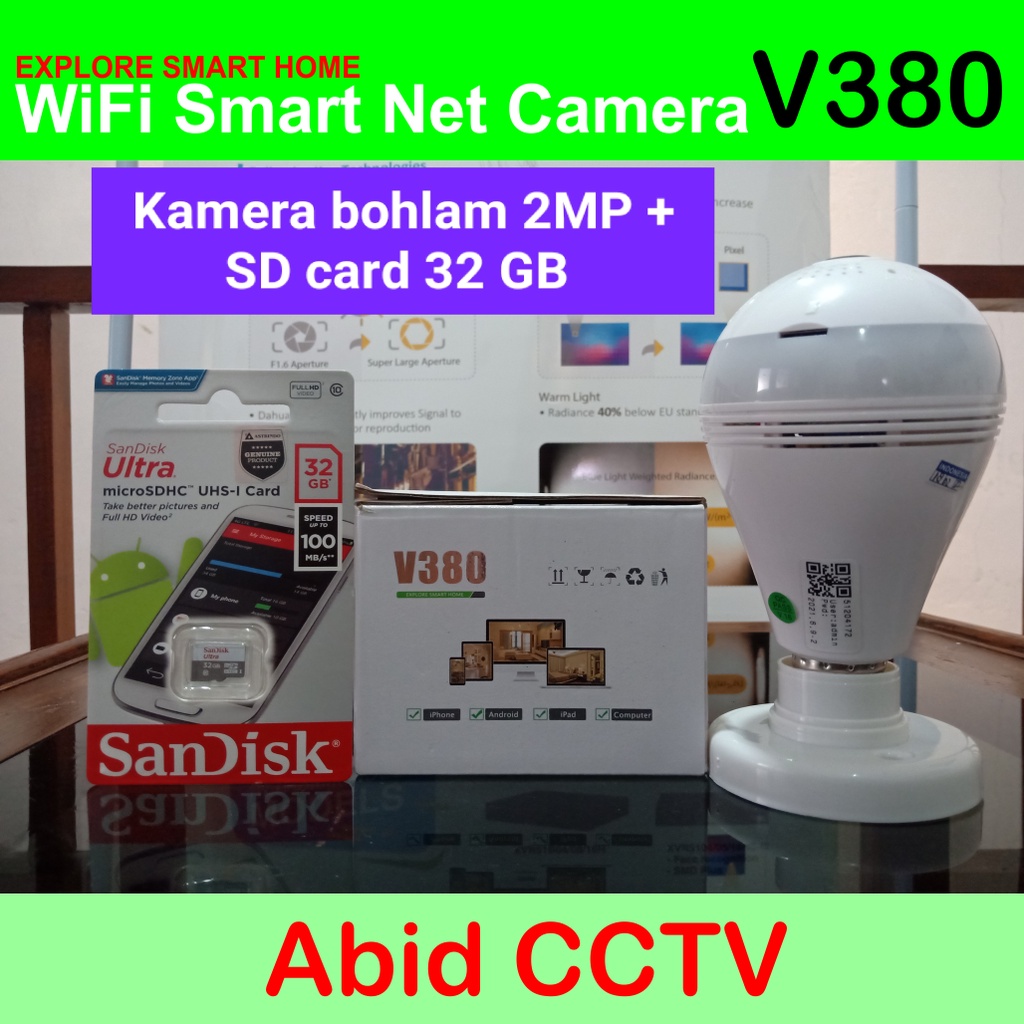 CCTV WIFI PTZ Camera 2MP Lampu Bulb Panorama Fisheye 360 V380 Pro + Sd card