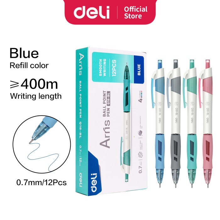 

MURAH Deli Retractable Ballpoint Pulpen Cetek Tip 0.7 mm Tinta Biru EQ18-BL