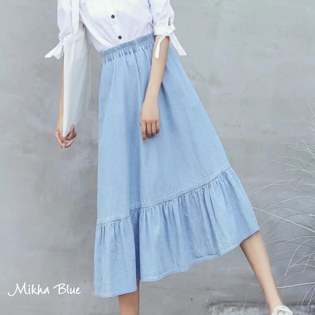 Orimoza Xandra Rok Jeans Panjang Kancing Depan Button Denim Skirt Snow-MIKHA SKIRT BLUE