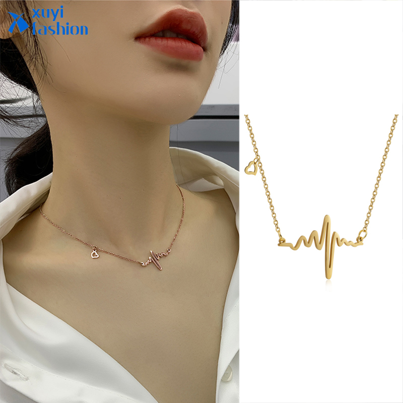 Kalung Rantai Klavikula Desain Hati Ecg Warna Rose Gold Untuk Aksesoris Perhiasan