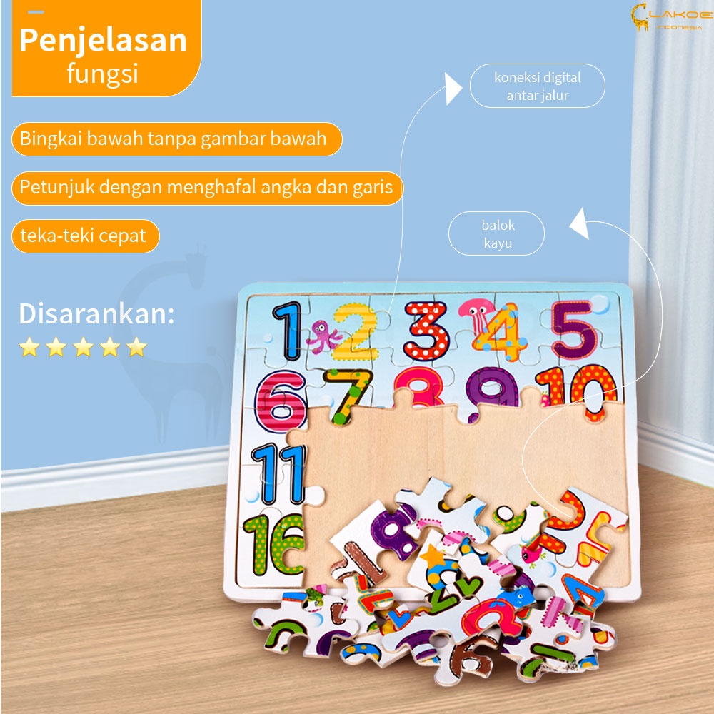 Lakoe Mainan Edukasi Anak Puzzle kayu gambar huruf dan nomor