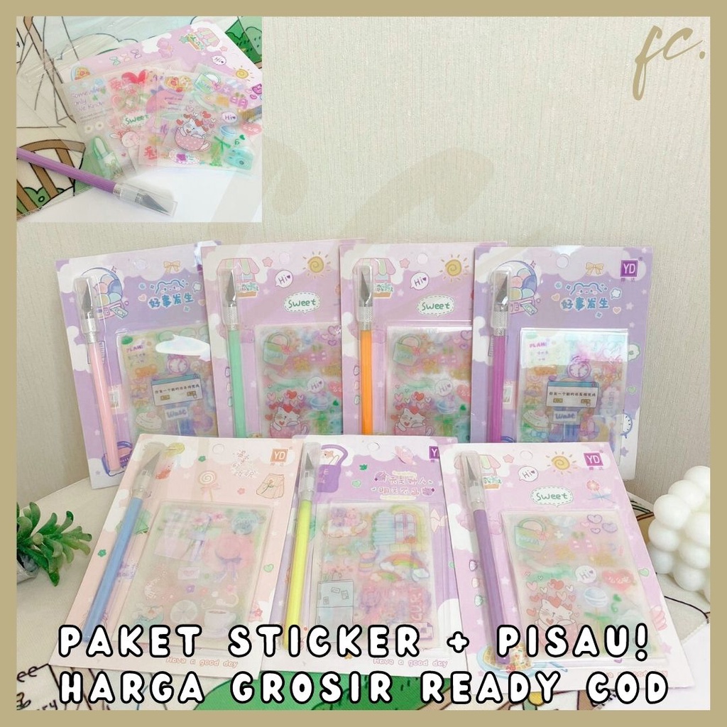 

1 Pack isi 6 Lembar Pcs Glitter Sticker Box + Pisau Pemotong Cutter YDXKKD01 Stiker Set Transparan Waterproof Pastel Jurnal Scrapbook Diary Estetik Sweet Cute Girl Decoration Accessories Hampers Bingkisan Import Harga Grosir Ready COD