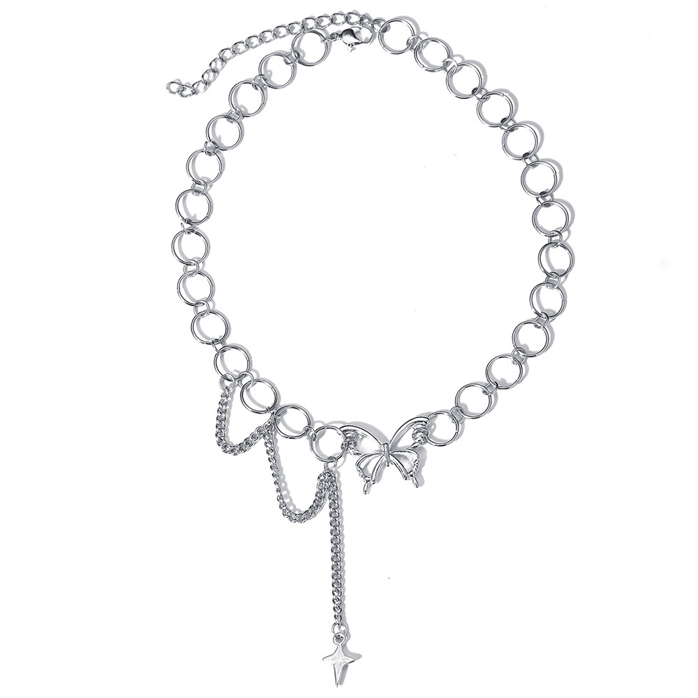 Kalung Choker Rantai Pendek Desain Bulan Bintang Butterfly Warna Silver Untuk Wanita