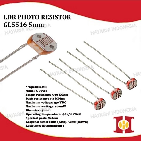 LDR GL5516 5mm Photoresistor Light Dependent Resistor Sensor Cahaya-20pcs