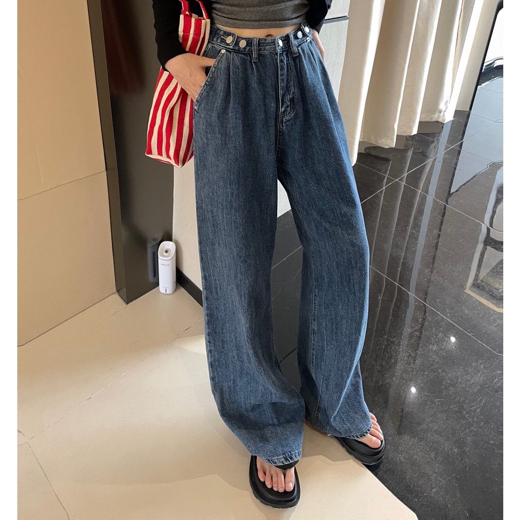 celana jeans highwaist wanita retro celana panjang loose denim pants