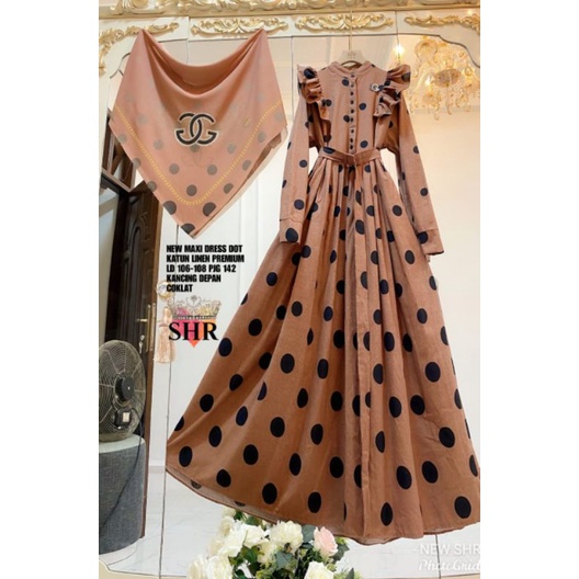 COD !! READY NEW SHR ORI 100% DRESS MAXI KATUN LINEN POLKA DOT REMPEL PREMIUM EID MUBAROK SYAHIRA EDISI LEBARAN-1