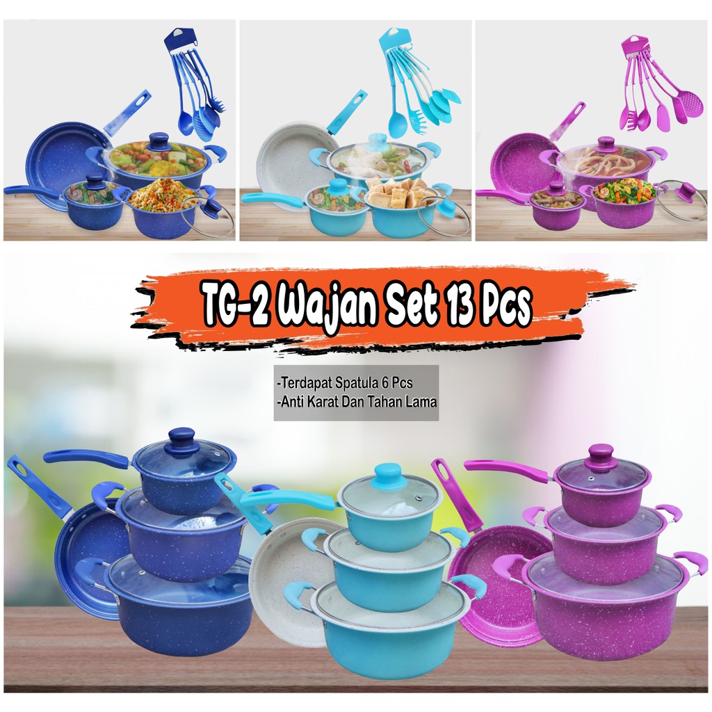 Panci Set Teflon Marble 13 Pcs Wajan Cookware Set Tutup Kaca Warna Biru Ungu Tosca multifungsi