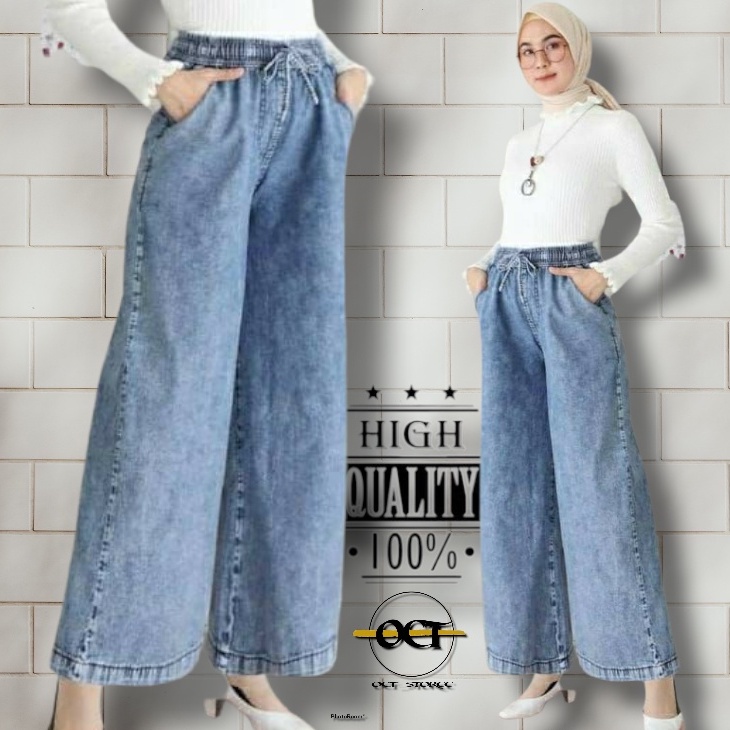 Celana Kulot Jeans Wanita Highwaist Pinggang Karet Oversize Bahan Denim