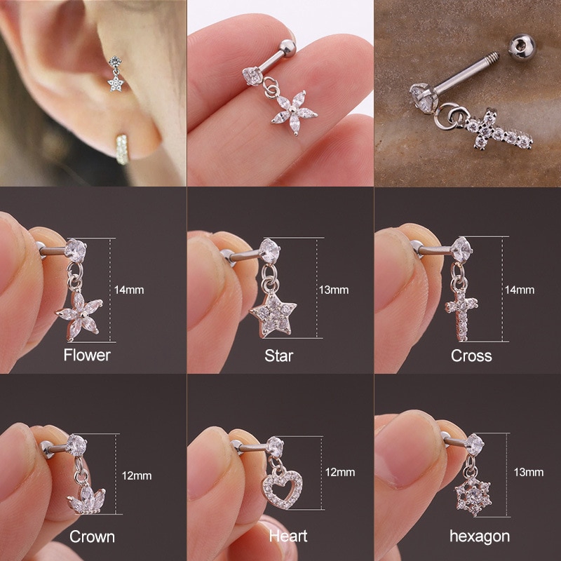 1pc Anting Tindik Telinga Bentuk Barbel Bahan Stainless Steel Dengan Mahkota Bunga Bintang Salib