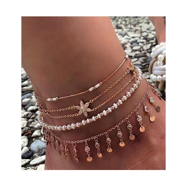 LRC Gelang Kaki Fashion Gold Diamond Alloy Flower Round Mesh Beaded Anklet 4 Set D05251