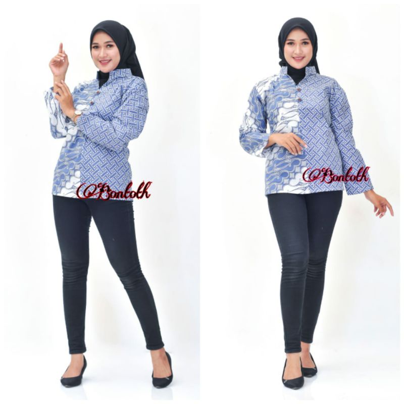 tey-17 Batik wanita ASJ SA HRB026 Kenongo Kemeja Tosca Pendek-Seno biru