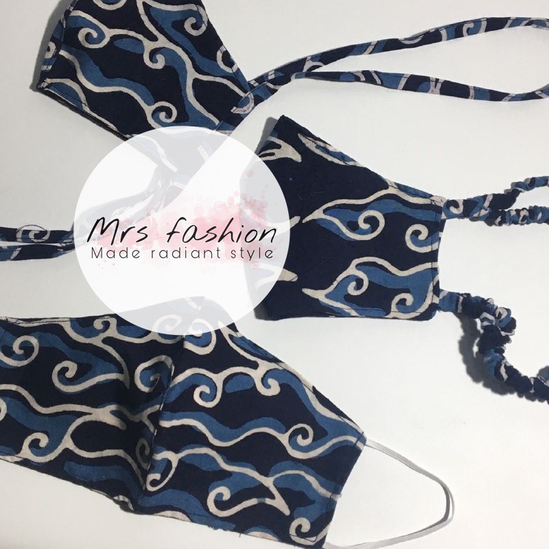 masker kain dua lapis duckbill motif batik megamendung biru