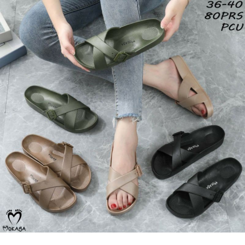 B-2177 Sandal Mokaya Wanita Slop Birken Gesper Karet Jelly 2177 Sendal Selop Slide Import Novaya Cewek Perempuan Impor Ban Dua Silang 2 Cantik GSPR2172 Murah 2172 Kekinian B-2172 Elastic Elastis Empuk Elegan Kekinian Viral