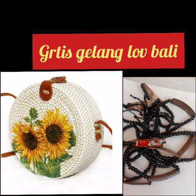 Tas rotan bulat bali motif deko gambar tali gesper Tas rotan bulat bali motif deko gambar tali gesper