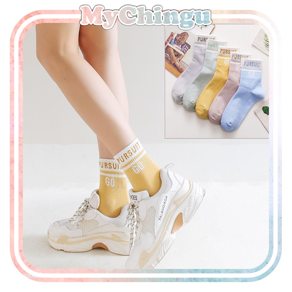 ❀ Chingu ❀ KK015 Kaos Kaki (Tanpa Kemasan) Wanita Panjang Diatas Mata Kaki Motif Go Pursuit Fashion Korea Women Sock Import Murah