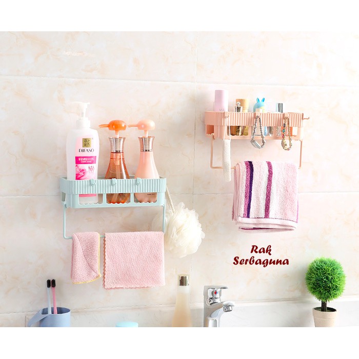 Rak Serbaguna, dilengkapi gantungan handuk, tanpa paku, tanpa bor