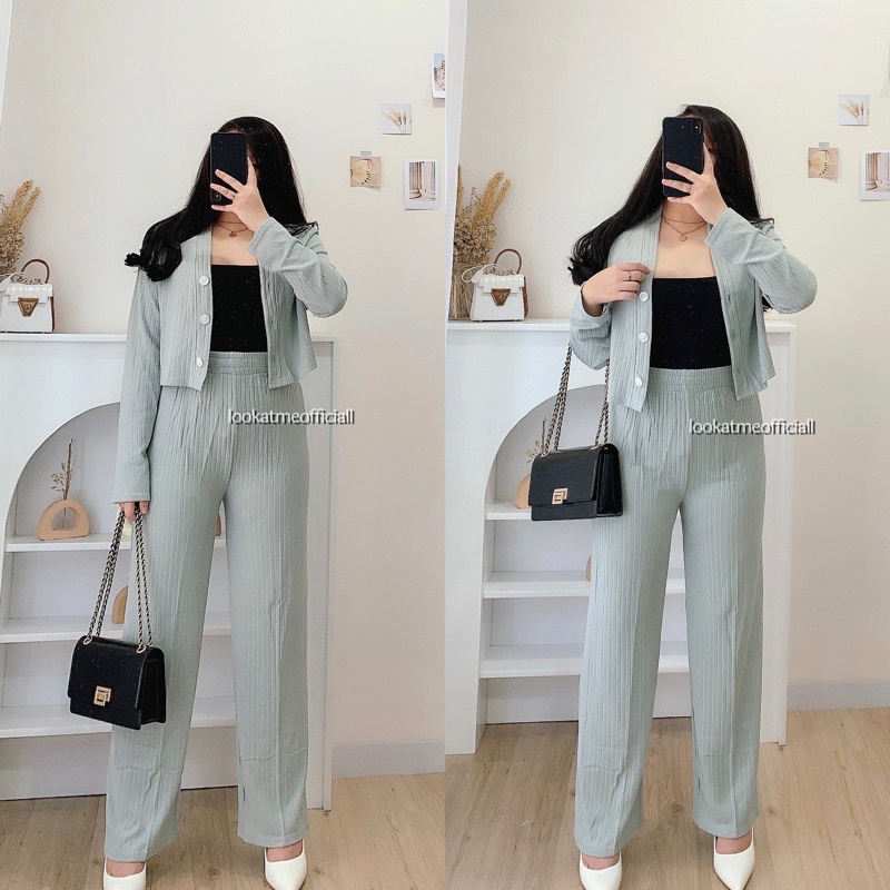 Lookatmeofficial • Set Casey Premium Knit (Cardi+Pants) / Setelan Wanita Crop dan Celana Kulot-Grey