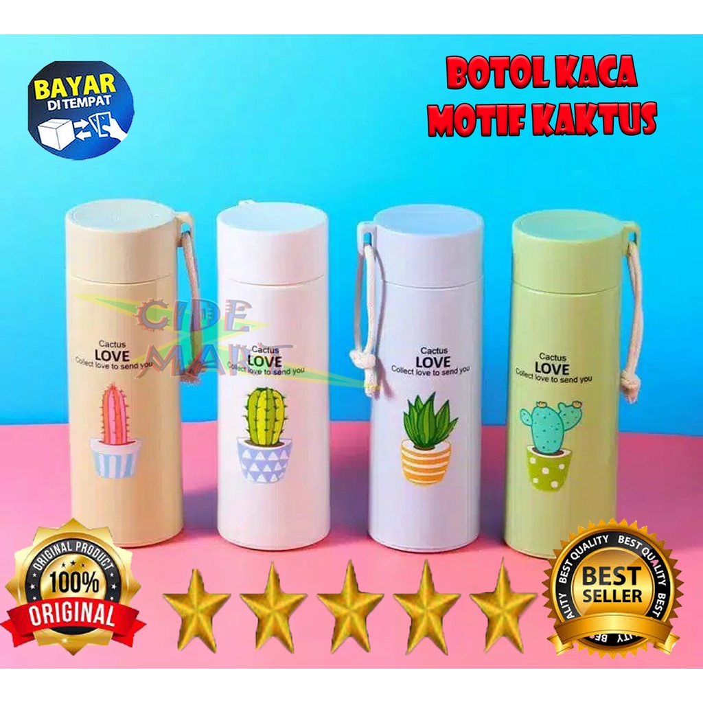 Botol Cactus 450Ml Termos Tempat Wadah Air Kopi Teh Susu Panas Dingin Botol Kaca Motif Kaktus Unik