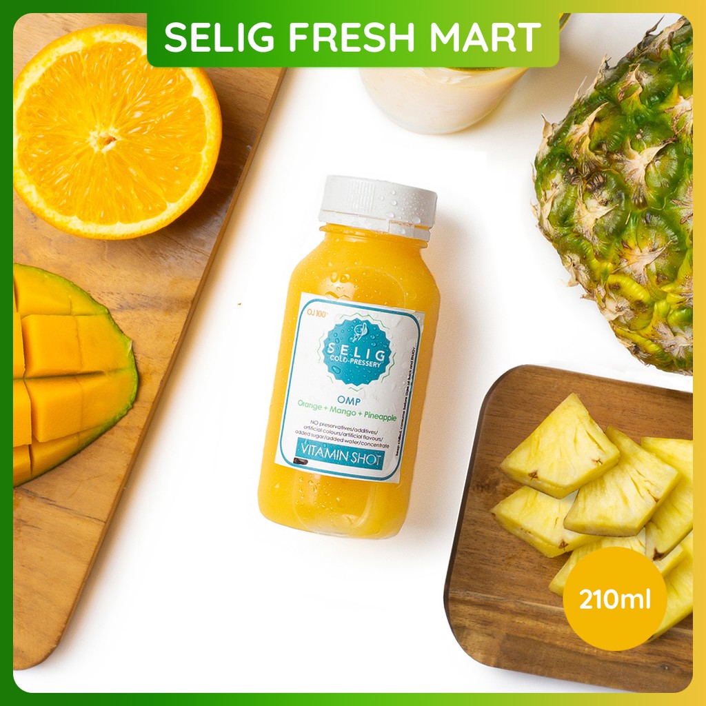 

Cold Pressed Juice 100% Jeruk, Mangga, & Nanas 210ml Jus Buah Orange OMP - Selig Fresh Mart