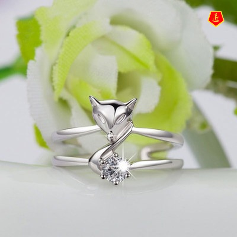 [Ready Stock]Silver Korean Style Fashion Fox Double Layer Diamond-Studded Ring