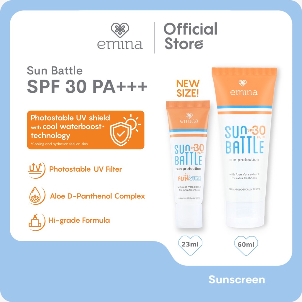 Sunblock Emina Sun Protection SPF 30 Sunblock Wajah dan Badan- bpom &amp; EMINA SUN BATTLE SPF 30 / EMINA SUN BATTLE SPF 50 PA ++++