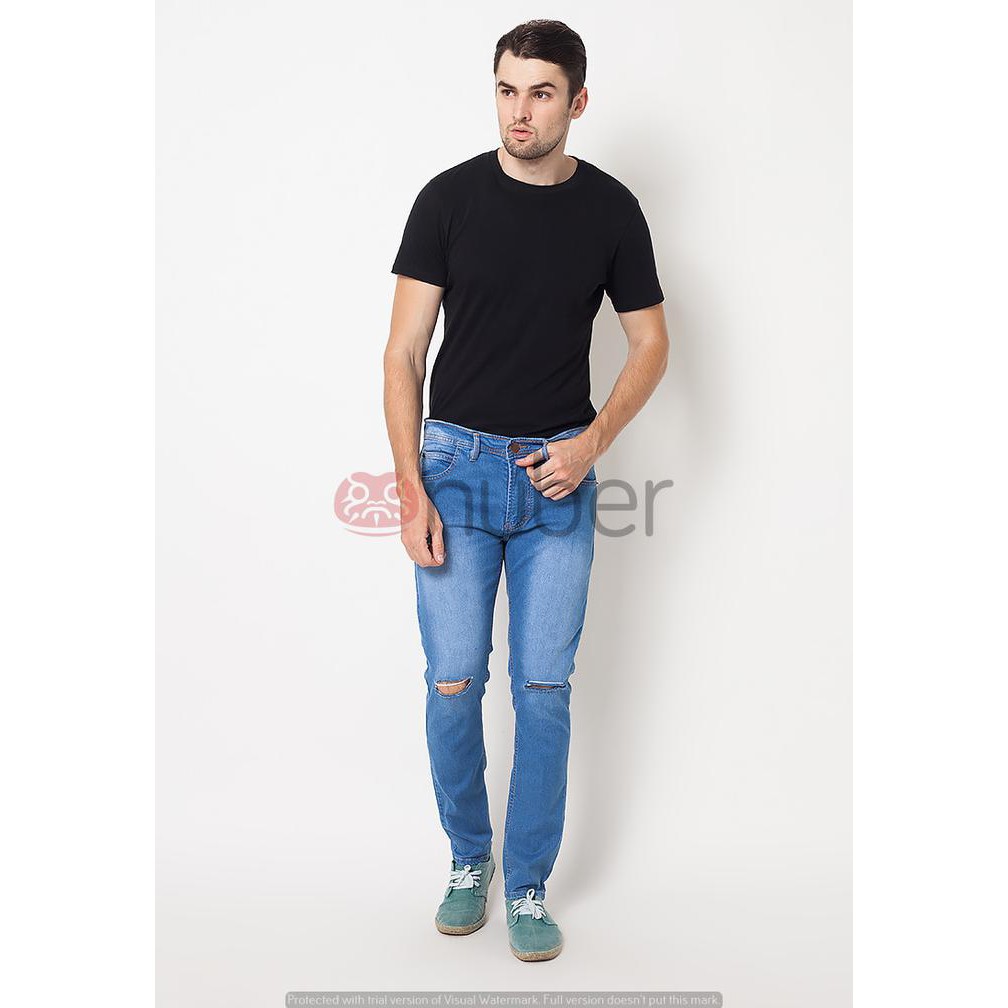 Promo!! Celana Jeans Panjang Pria Ripped Skinny Stretch Cowok Blue Sea - Navy, 35